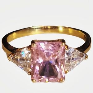 Gold Ring 10k with Pink CZ Center Stone and Clear CZ Side Stones